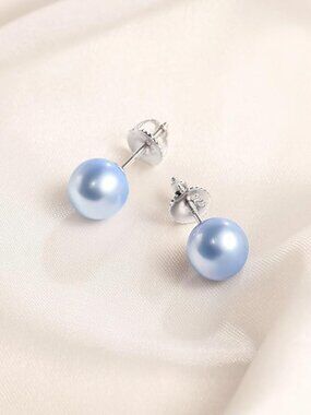 Blue Pearl Stud Earrings, 9-9.5mm Cultured Round Pearl 925 Silver Hypoallergenic